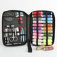 Open sewing kit case showing spools, scissors, needles, and colorful thread rolls