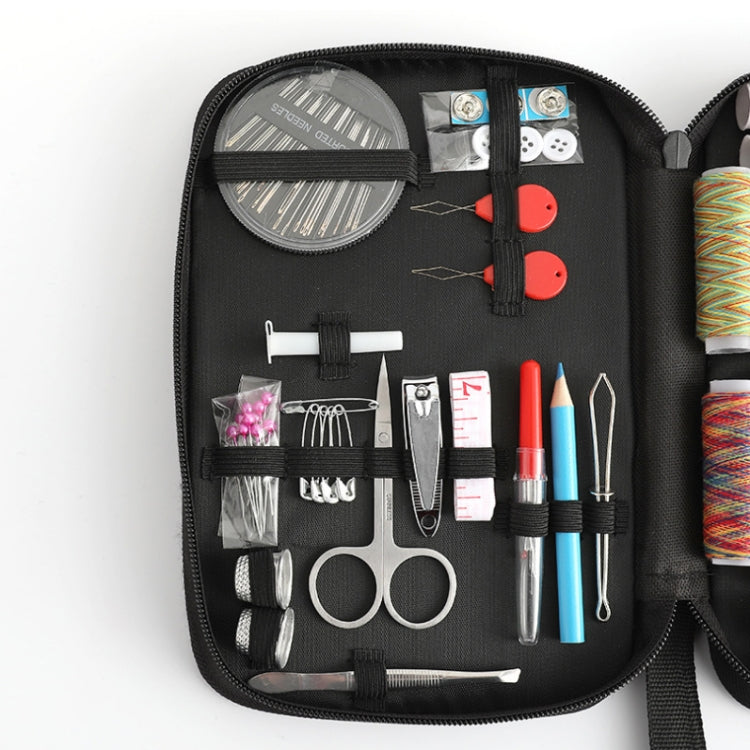 Sewing kit case panel with circular thread spool, red-handled tools, and clips