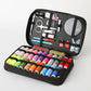Open sewing kit case with thread spools, needles, and scissors in compartments