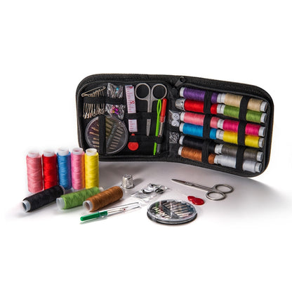 Black 75-piece home sewing kit pouch with colorful thread, scissors, needles, and tools