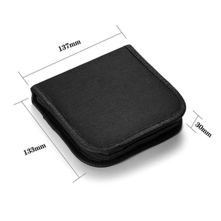 Black sewing kit zippered case with size dimensions labeled in mm