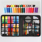 Sewing kit set in open black case with rows of thread spools and small sewing tools