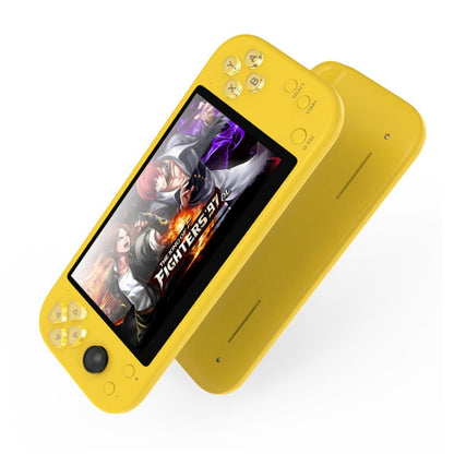 Yellow handheld game console with 5.1-inch screen and game controller buttons.