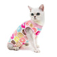 Cat recovery suit on cat, pink donut-pattern fabric with round neck cutout