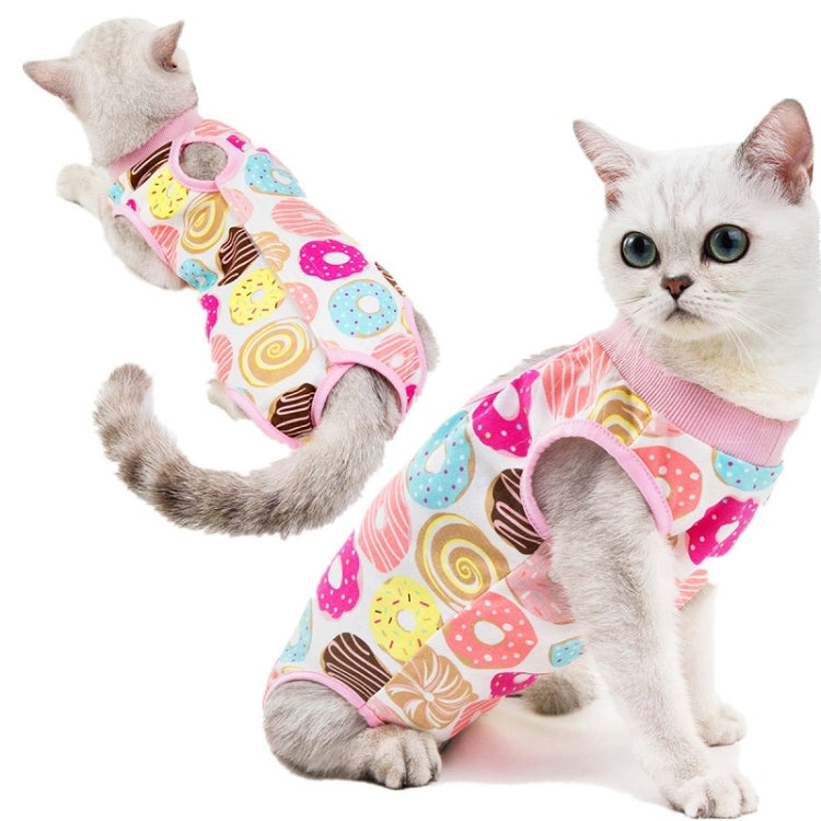 Cat recovery suit set, pink donut print with round neck opening and paw holes