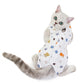 Cat recovery suit, white fabric with sports-ball and animal prints, paw openings
