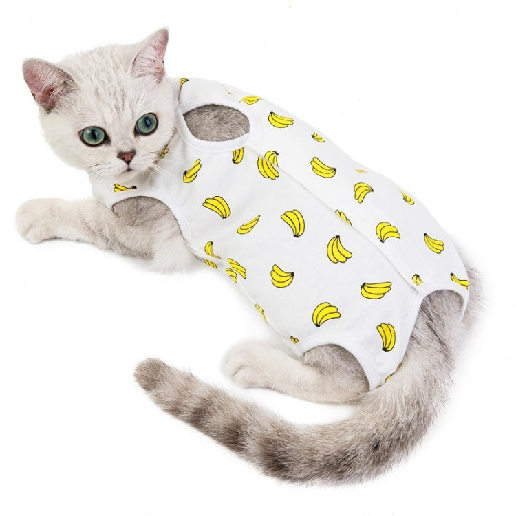 Cat recovery suit, white with yellow banana print and round neck cutout