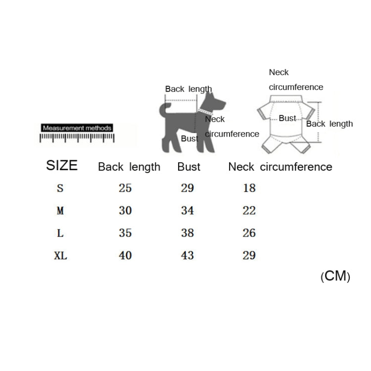 Cat recovery suit size chart for S–XL: back length, bust, and neck circumference (cm)