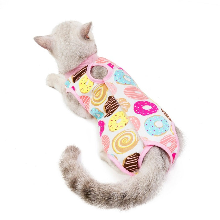 Cat recovery suit, pink with colorful donut print and round neck opening