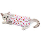 Cat recovery suit, white with red strawberry-like print and round neck cutout