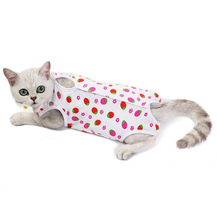 Cat recovery suit, white with red strawberry-like print and round neck cutout