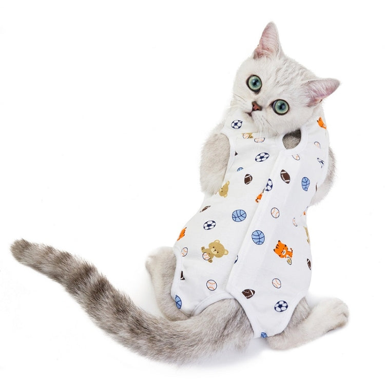 White sports-and-toy print cat recovery suit with neck hole and leg openings