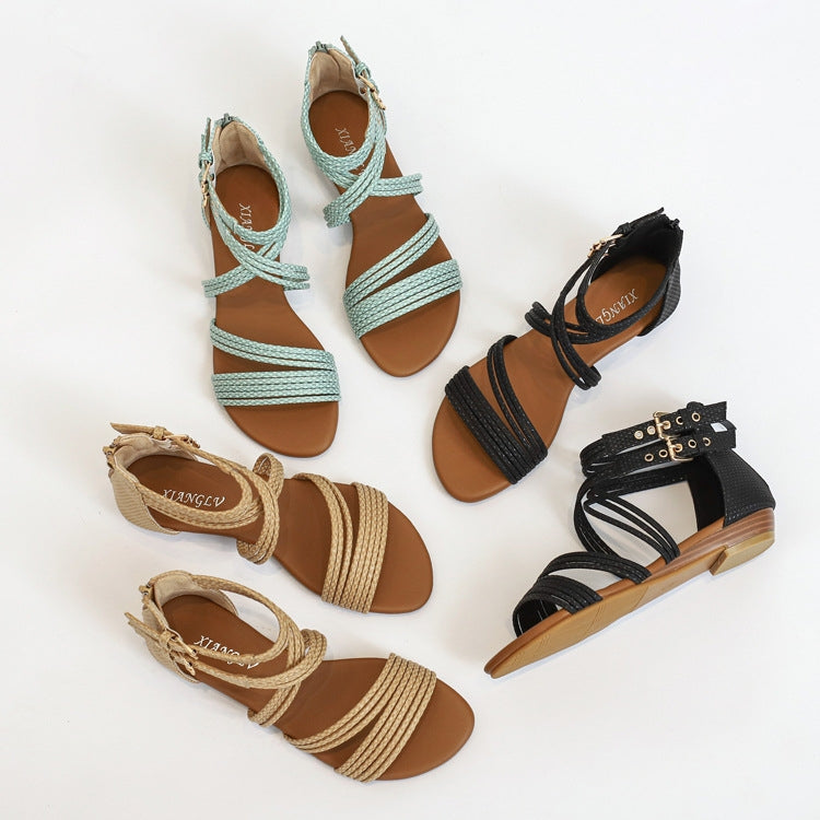 Set of wedge sandals in apricot, black, and light teal with open toes and buckles