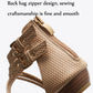 Close-up of apricot ankle strap with metal buckle and textured upper