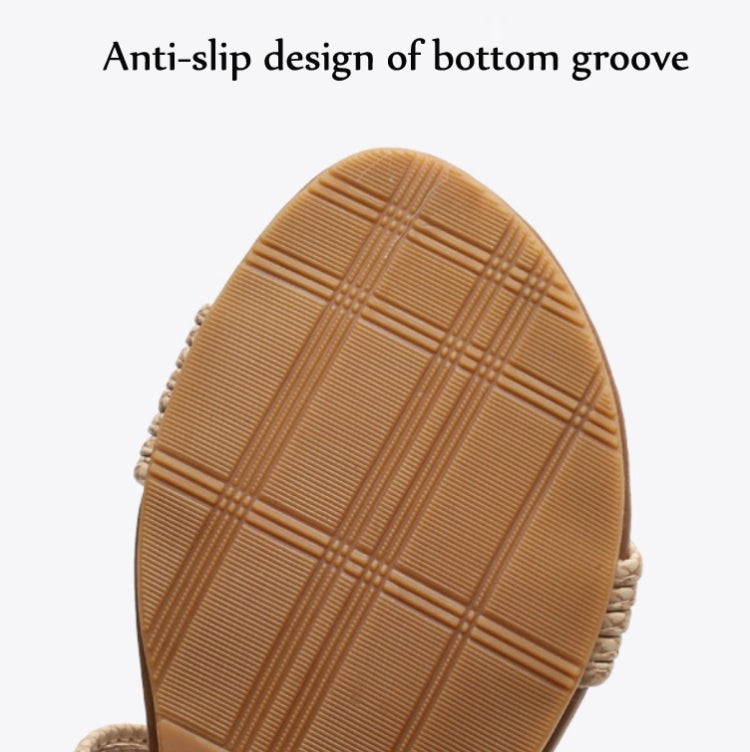 Close-up of tan anti-slip wedge outsole tread pattern