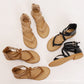 Set of strappy low-heeled Roman-style sandals in tan and black color options