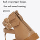 Tan sandal with back wrap strap, dual buckle closure, and visible side zipper