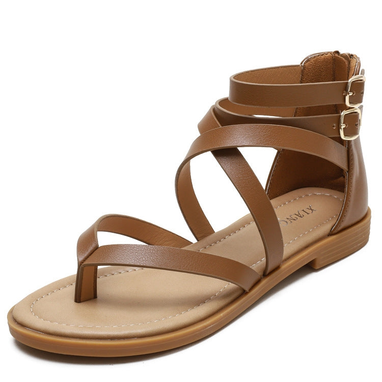 Ladies Roman-style strappy sandals, brown, crossed straps and low-profile sole