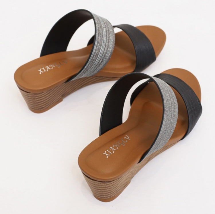 Dark platform wedge mules with double straps and open-toe design