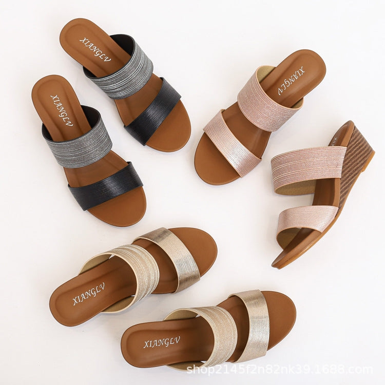 Platform wedge sandals in multiple colors, featuring two wide crossover straps and open toes