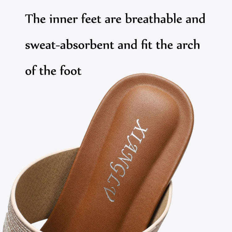 Inner footbed view of platform wedge sandals with cushioned arch support and tan lining