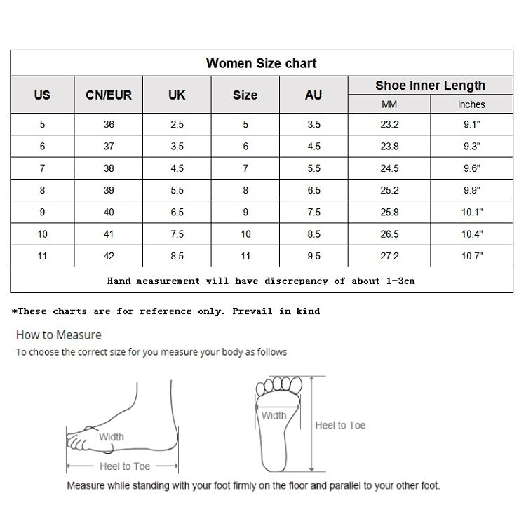 Women size chart with US, EU size, UK, and inner length in mm and inches