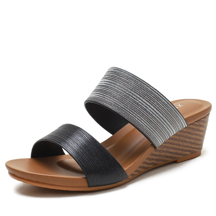 Black striped woven strap platform wedge sandals with open toe and high heel