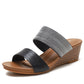 Platform wedge slide sandal with wide dark strap and textured footbed