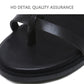 Black flat sandal outsole with textured edge stitching and smooth upper panel
