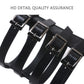 Black flat Roman-style sandal straps with metal buckles