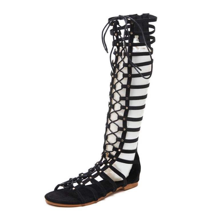 Black gladiator flat high-top sandals with lace-up ankle and striped strap panels