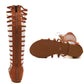 Brown high-top sandals with lace-up front, side zipper, and striped cutout straps