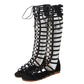 Black flat gladiator high-top sandals with lattice straps and open toe