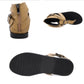 Light brown sandals shown from heel and sole, with metal belt buckle strap
