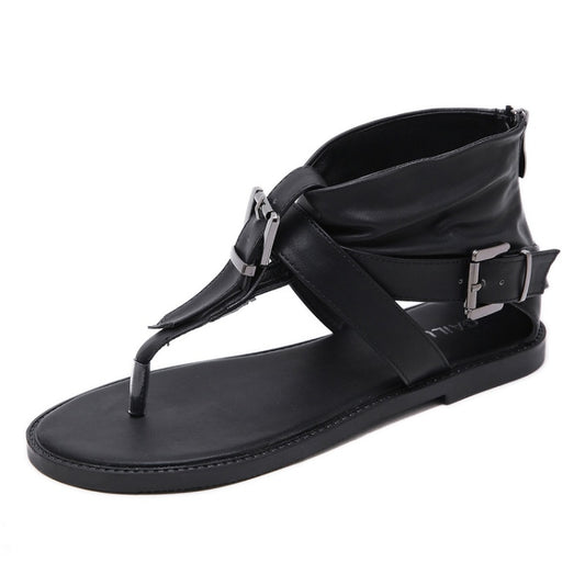 Black flip-flop sandals with ankle cuff buckle, cross strap design, flat casual