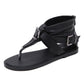 Black thong sandals with metal buckle ankle strap and flat sole
