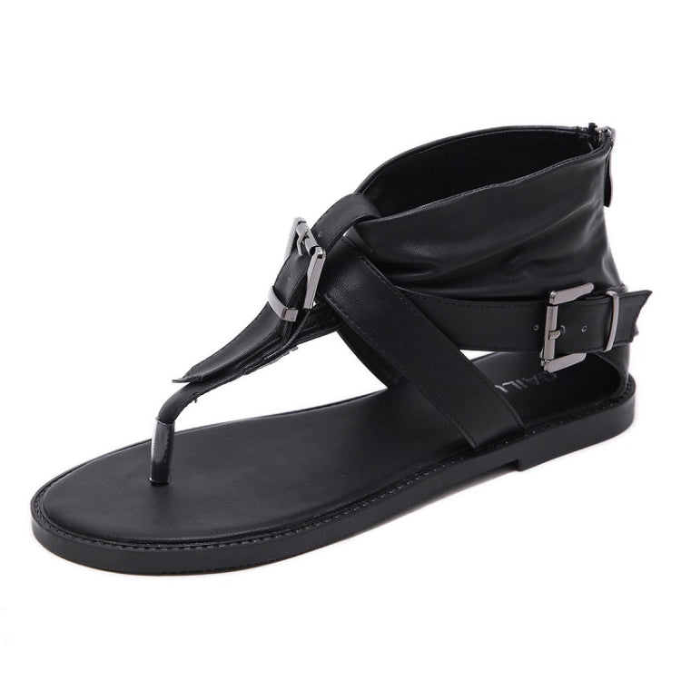 Black casual flip-flops with wide toe strap, ankle buckle, and flat sole