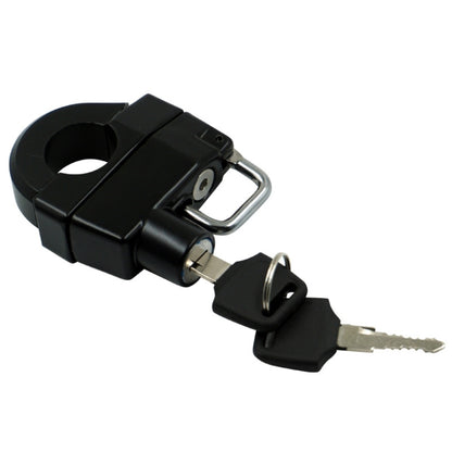 Black helmet lock with metal U-handle and two keys for securing a helmet
