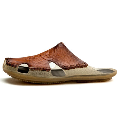 Men's leather slide slippers with cut-out upper, brown with stitched trim and tan sole