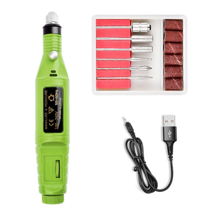 Mini USB portable nail grinder in green with sanding kit case and USB cable