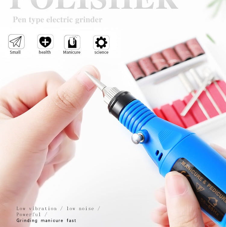 Blue pen-style electric nail grinder held in hand with rotating sanding bit