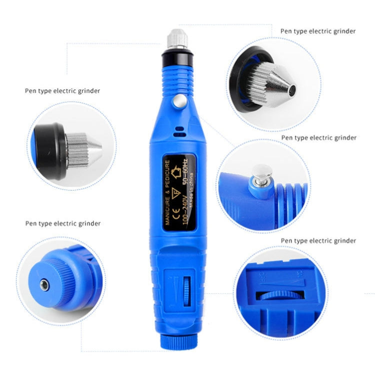 Blue pen electric nail grinder with metal sanding head attachments shown