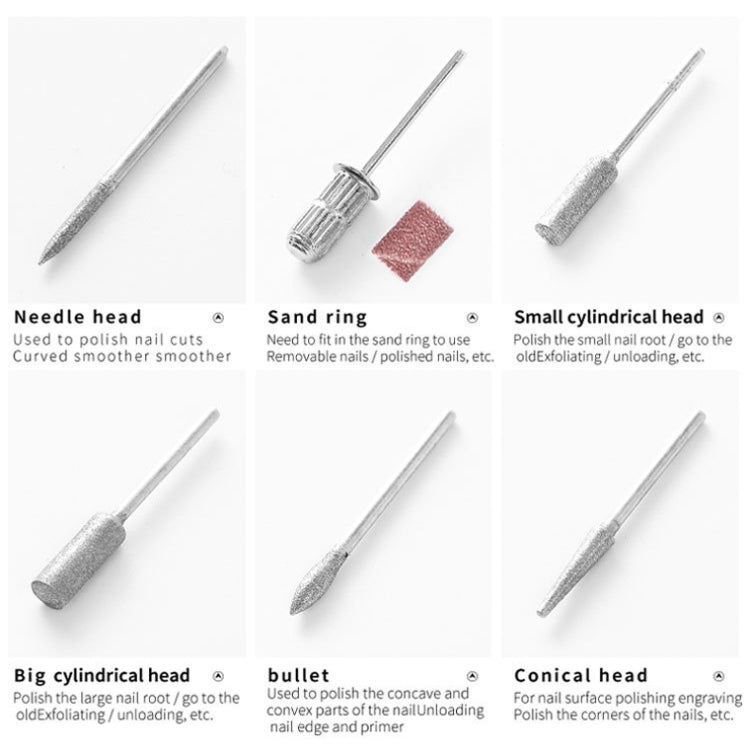 Assorted nail grinder attachment heads: needle, sand ring, small cylindrical, conical