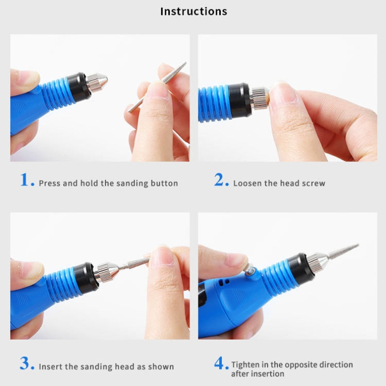 Blue electric nail grinder with sanding head assembly shown in step instructions