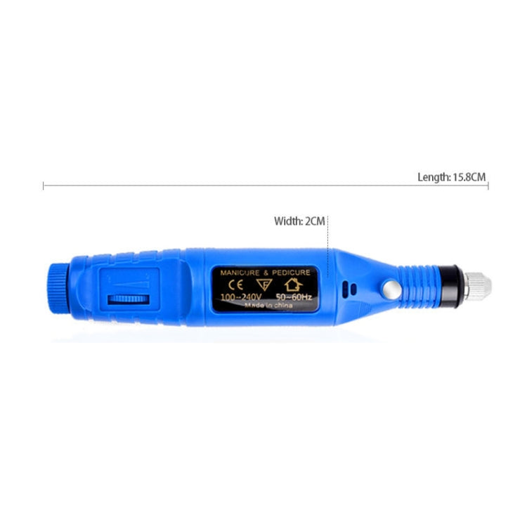 Blue USB mini nail grinder with control panel and length measurement 15.8 cm