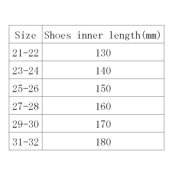 Size chart for kids’ slippers: inner length 130–180 mm for 21–32