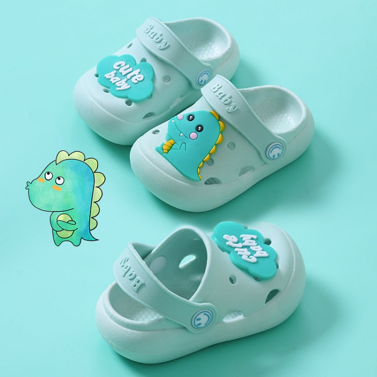 Children's light blue non-slip clogs slippers, side view with cartoon baby graphics