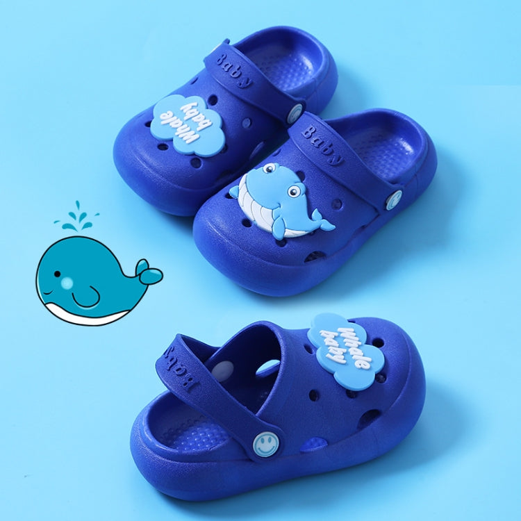 Children's blue non-slip clogs slippers, front pair view with cartoon patch and strap