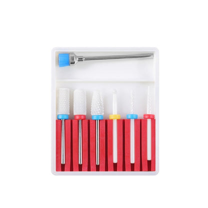 Nail grinding head set in a clear box, red-shaft ceramic bits with blue and white heads