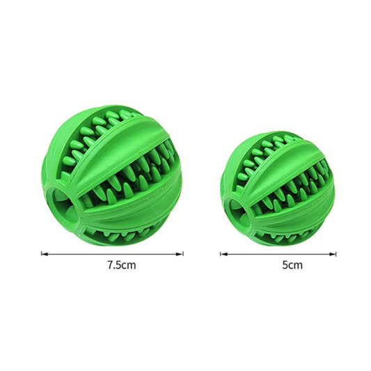 Green rubber chewing ball toy with ridged teeth, shown from two angles